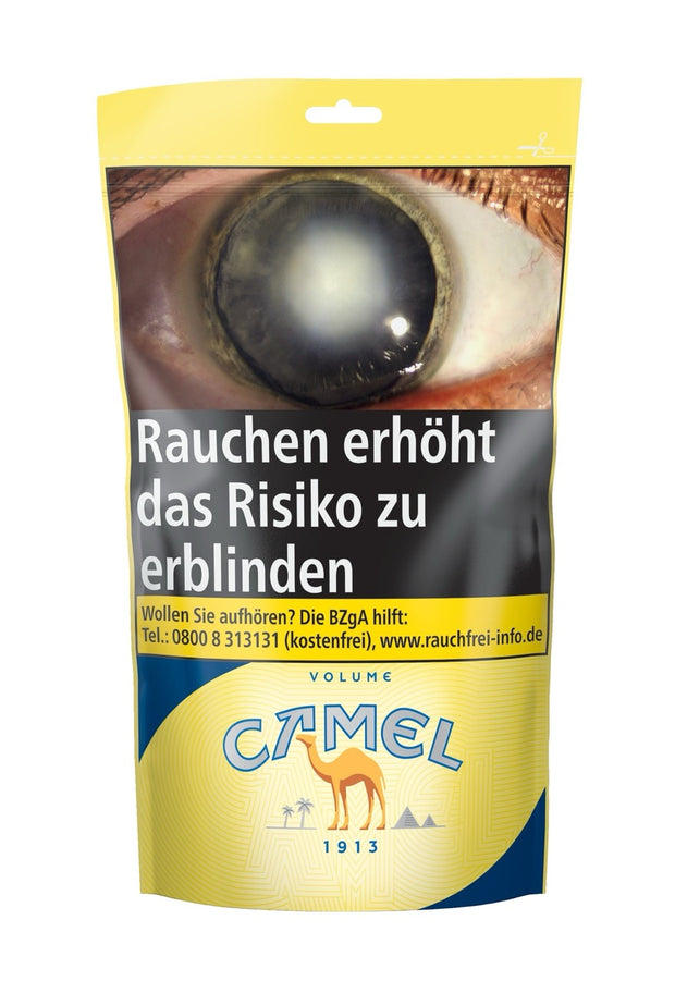 Beutel Camel Volume Yellow Stopftabak 91g, frontal im gelben Camel-Design fotografiert
