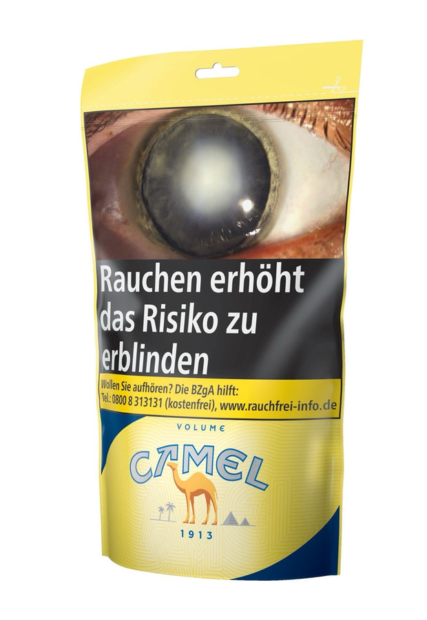 Beutel Camel Volume Yellow Stopftabak 91g, leicht seitlich mit sichtbarem Zip-Verschluss