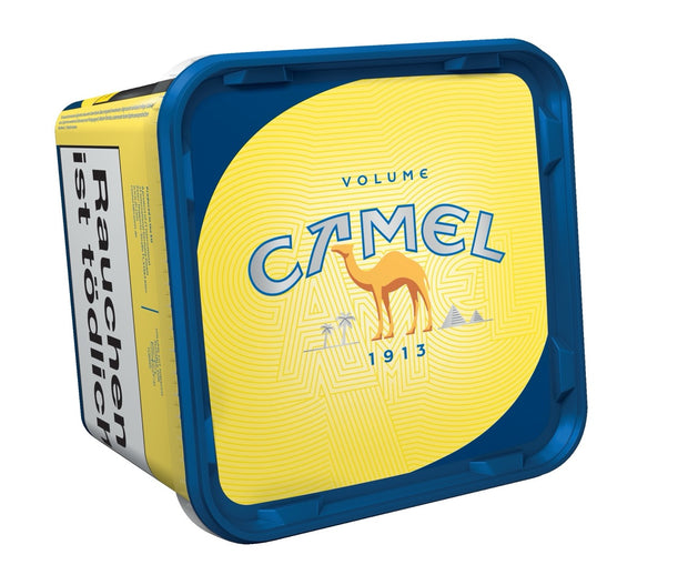 Camel Volume Yellow Stopftabak Box 285g, leicht seitlich liegend mit Deckel sichtbar