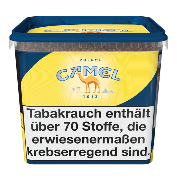 Camel Volume Yellow Stopftabak Box 285g, frontal im ikonischen Camel-Gelb fotografiert