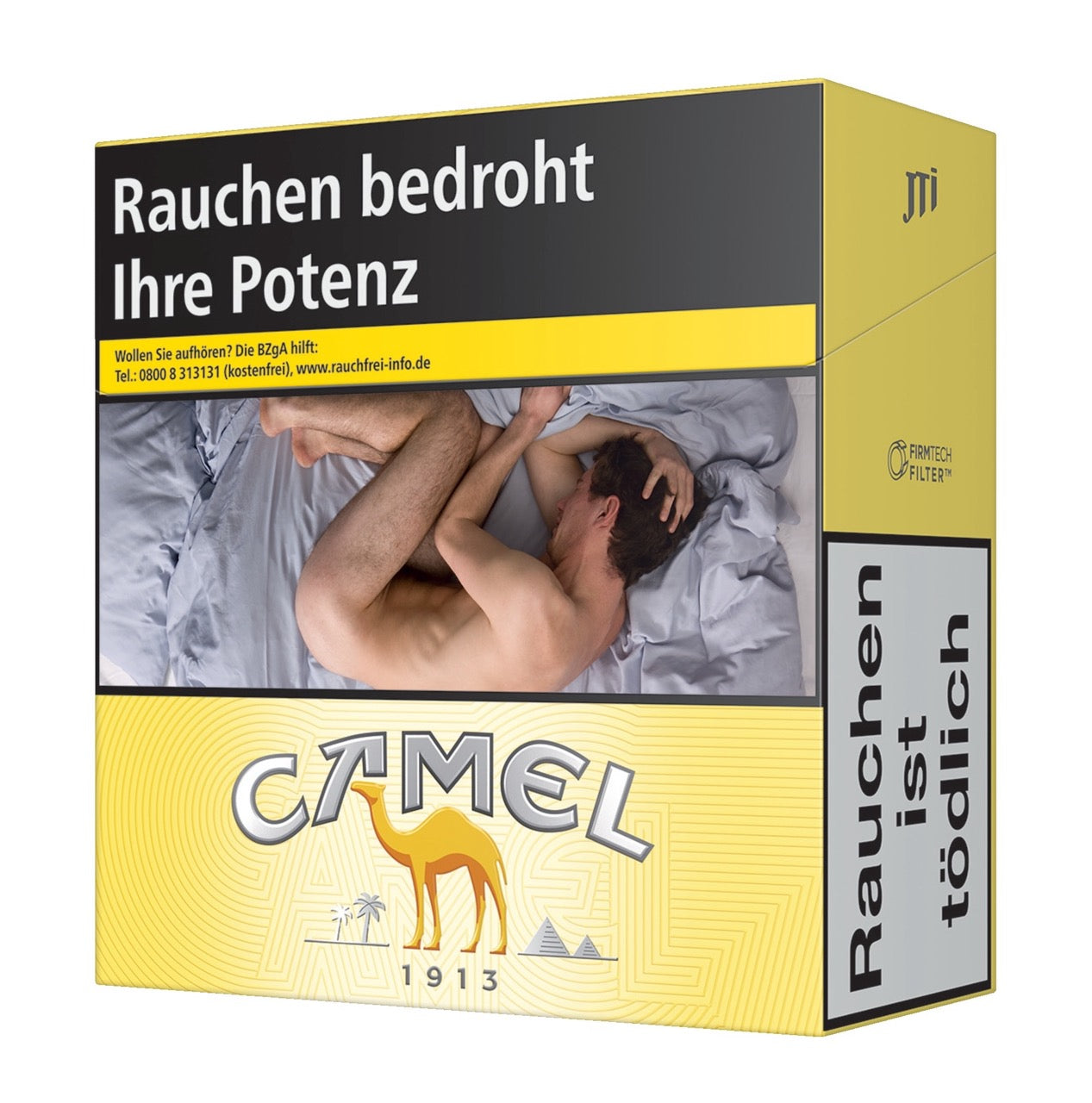 Camel Yellow Zigaretten Schachtel 54er – gelb, leicht seitlich fotografiert