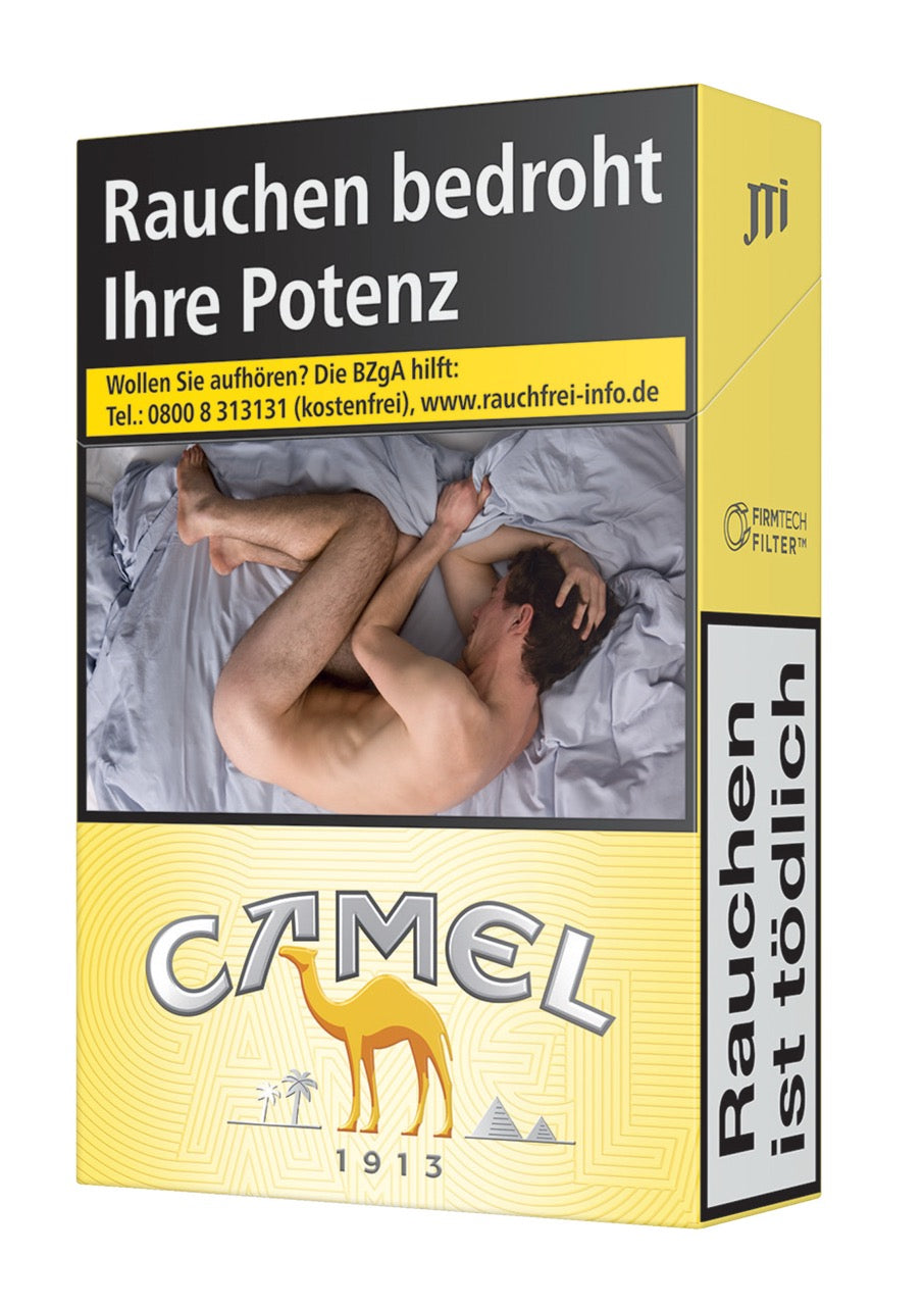Camel Yellow Zigaretten Schachtel – gelb, leicht seitlich fotografiert