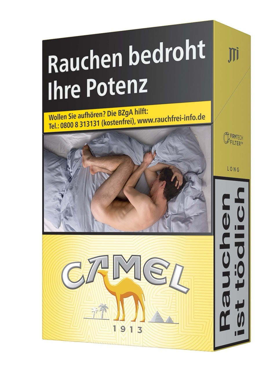Camel Yellow long Zigaretten Schachtel 100er – gelb, leicht seitlich fotografiert