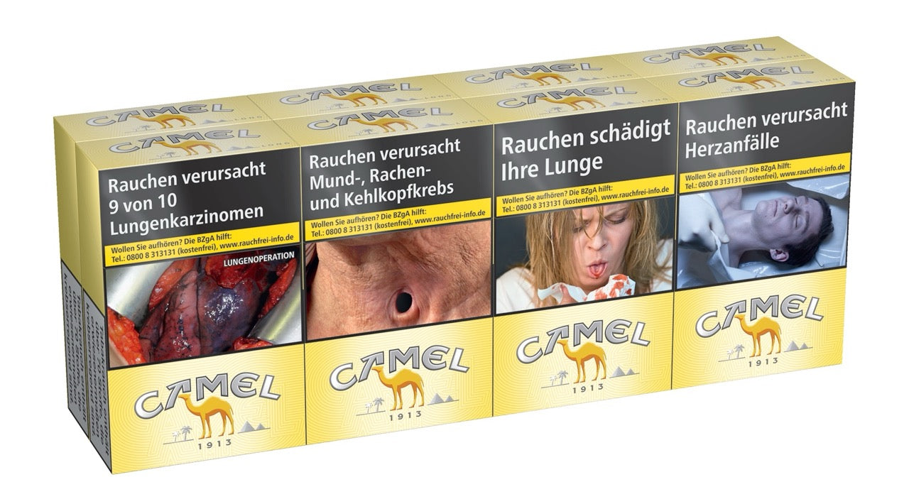 Camel Yellow long Zigaretten 8x30 Stange – 100er, leicht seitlich fotografiert