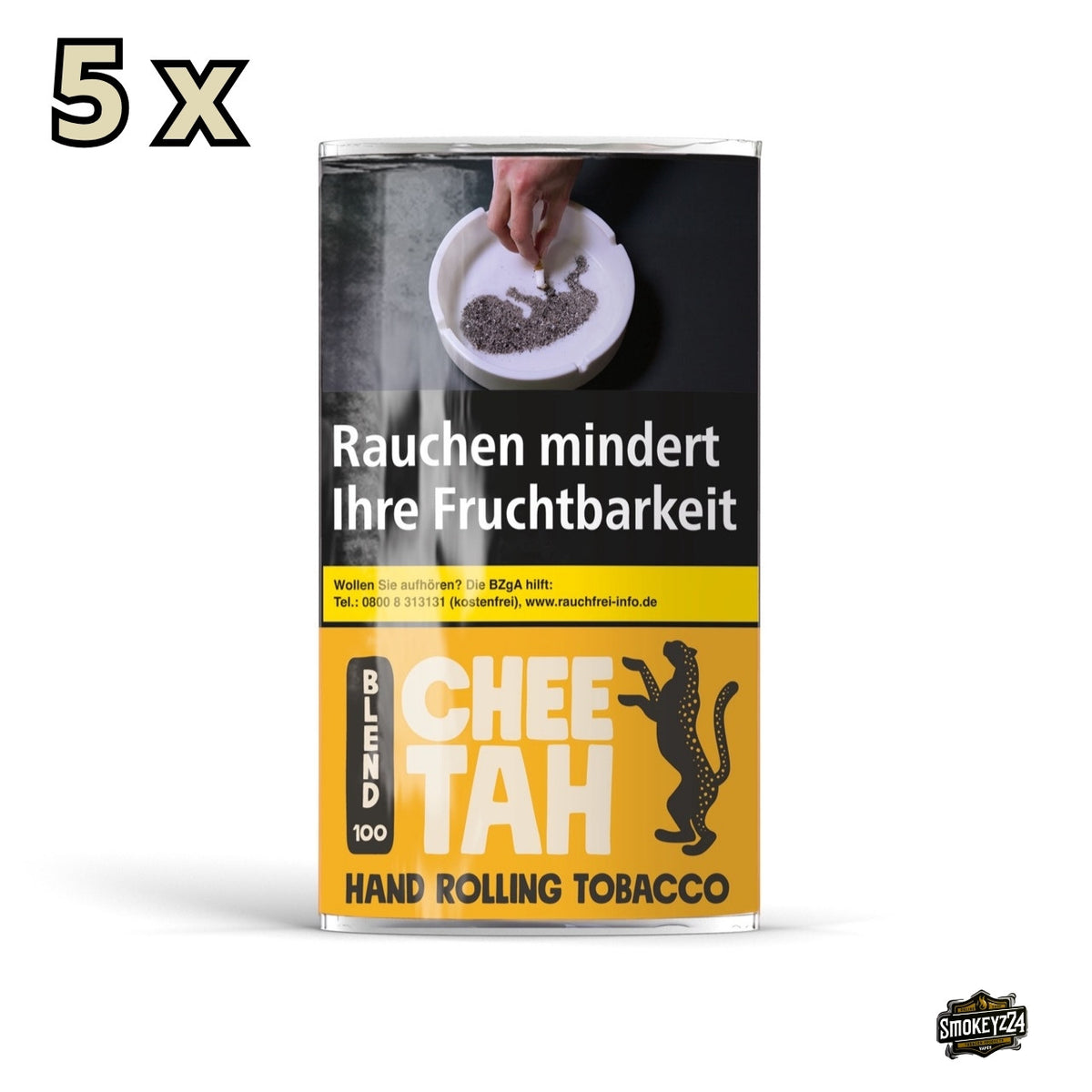 CheeTah Gelb Blend 100 Drehtabak 5x30g – Frontalansicht der gelben Pouch-Gebinde mit „5x“ Hinweis, 100% Virginia-Tabak.
