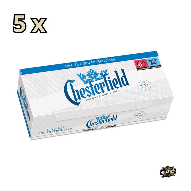 Chesterfield Blue Hülsen – seitlich dargestellte Packung mit Filterlänge und Markenlogo in Blau