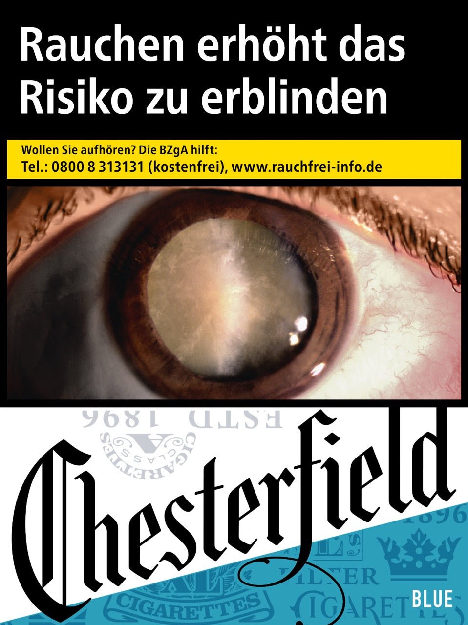 Chesterfield Blue Zigaretten Packung – Vorderansicht mit 26 Stück Inhalt im blauen Design
