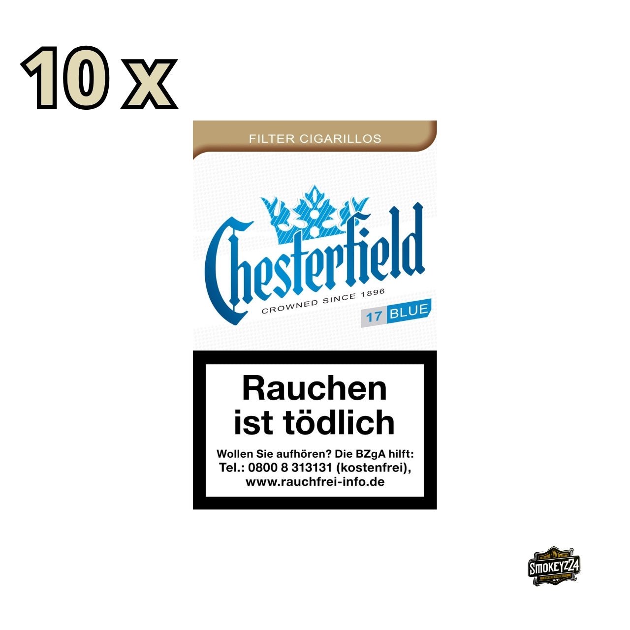 Chesterfield Cigarillos Blue – Stange mit geöffneter Packung, 10×17 Filterzigarillos in Blau