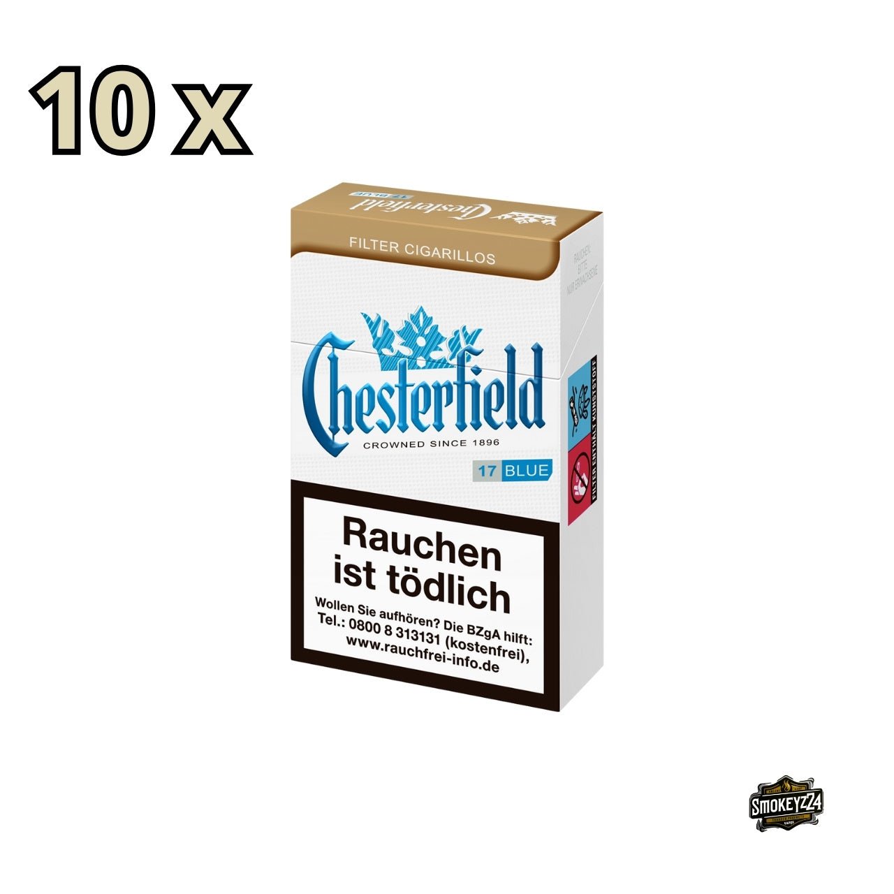 Chesterfield Cigarillos Blue – Verpackung leicht seitlich, mit Naturdeckblatt-Hinweis