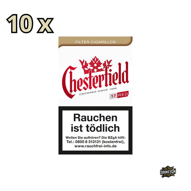 Chesterfield Cigarillos Red – Stange mit geöffneter Packung, 10×17 Filterzigarillos in Rot