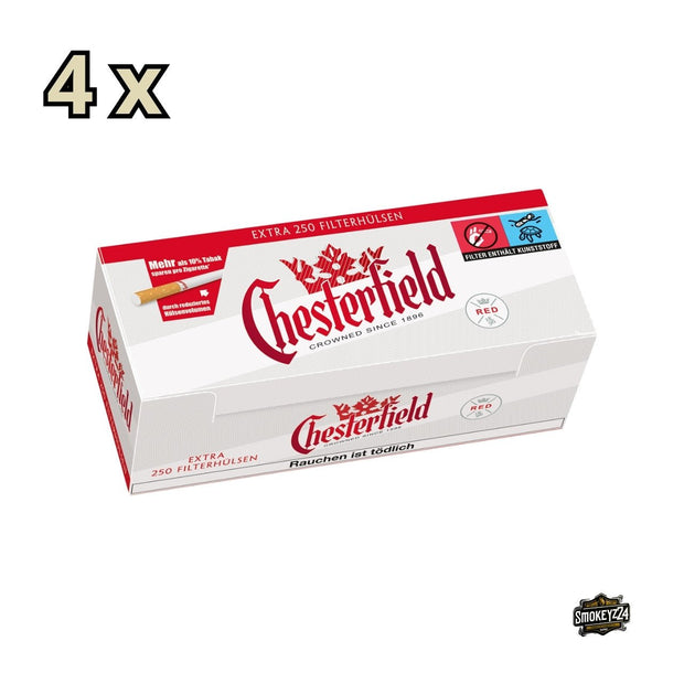 Chesterfield Red Extra Hülsen – Verpackung seitlich dargestellt mit Hinweis auf langen Filter