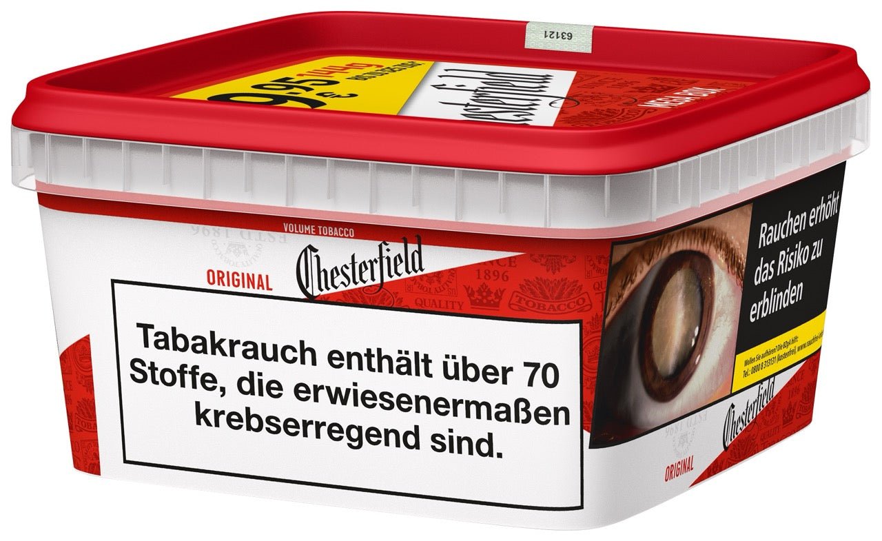 Chesterfield Red Volumentabak – große Vorratsbox seitlich gezeigt mit Inhaltsangabe und Tabakmischung