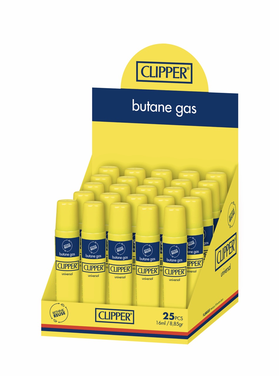 Clipper Butane Gas 25x16ml Sparpaket, Vorratskarton mit gelben Nachfüllflaschen