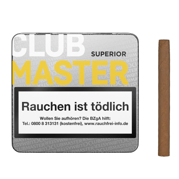 Clubmaster 141 Superior Sumatra Zigarillos – Packung frontal und ein Zigarillo daneben