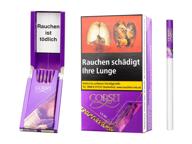 Geöffnete Corset Lilas Slim Zigaretten 20er Packung, einzelne Superslim Zigarette daneben, Shell Pack, lila