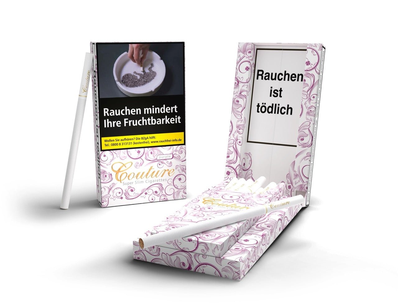 Couture Purple Superslim zwei Schachteln, links geschlossen mit Zigarette, rechts geöffnet