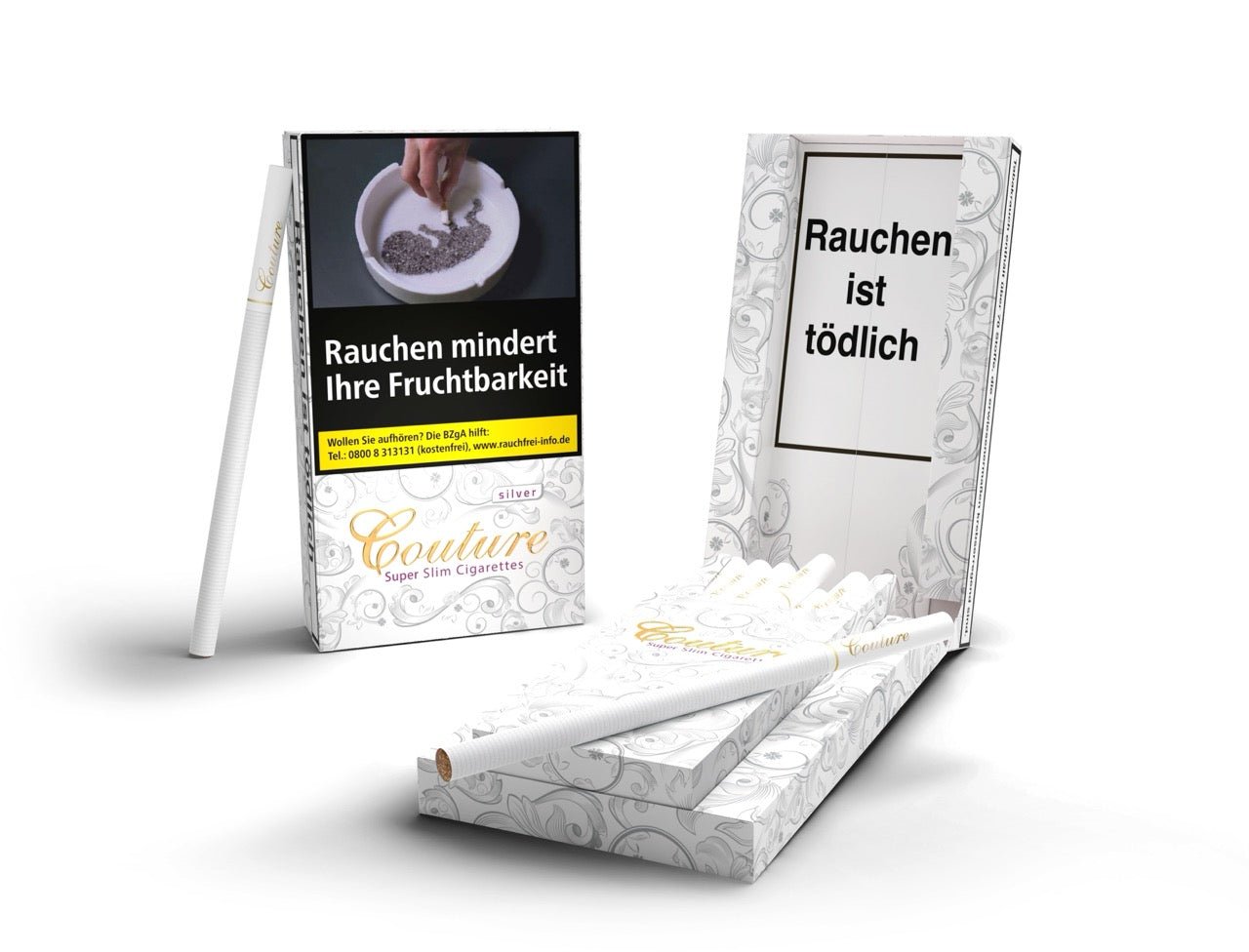 Couture Silver Superslim zwei Schachteln, links geschlossen mit Zigarette, rechts geöffnet