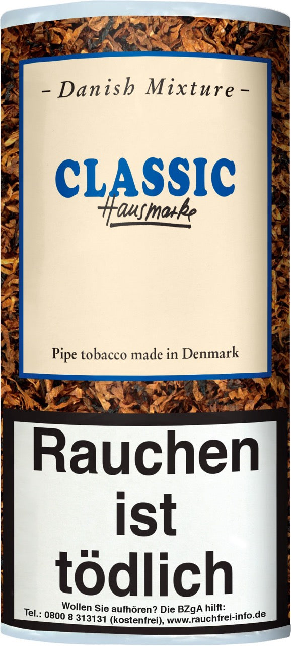Danish Mixture Classic Hausmarke Pfeifentabak – 50g Pouch, natürlicher Blend mit Virginia, Burley, Cavendish, Verpackung abgebildet