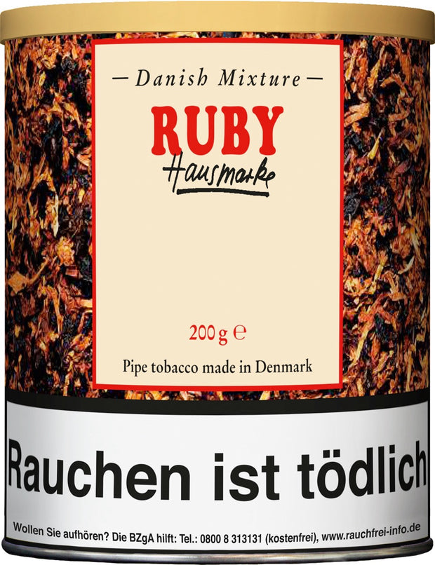 Danish Mixture Ruby Hausmarke Pfeifentabak – 200g Dose, aromatische Mischung mit Wildkirsche, klassische Vorratsdose abgebildet