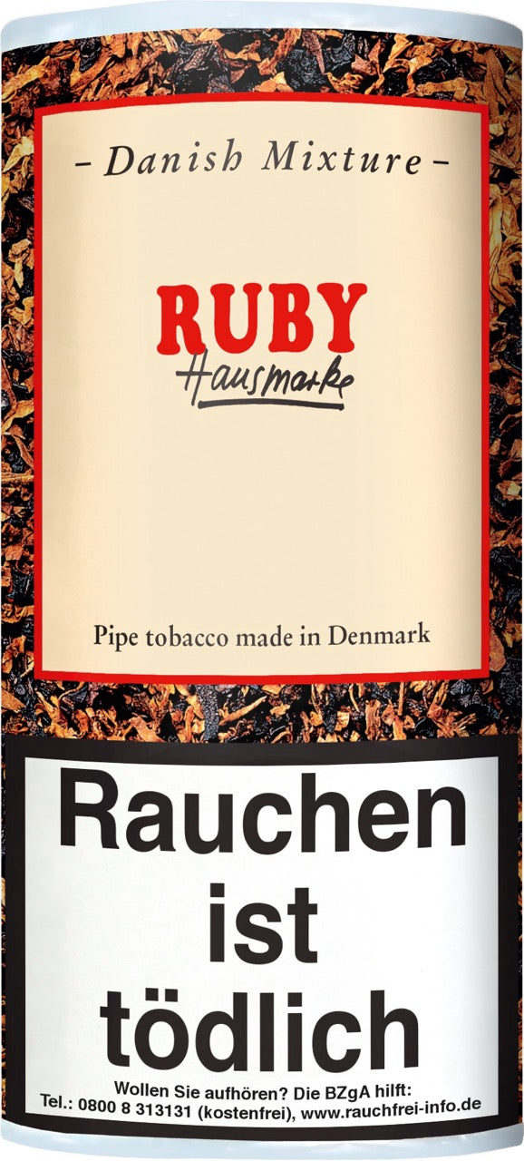 Danish Mixture Ruby Hausmarke Pfeifentabak – 50g Pouch, aromatische Mischung mit Wildkirsche, klassische Verpackung abgebildet