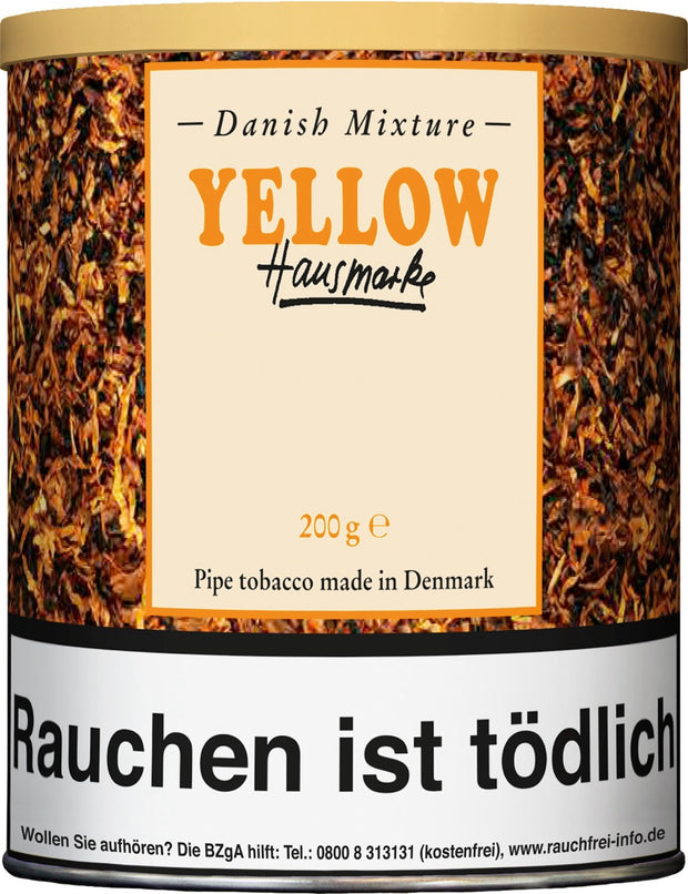 Danish Mixture Yellow Hausmarke Pfeifentabak – 200g Dose, milde Mischung mit Mangoaroma, klassische Vorratsdose abgebildet