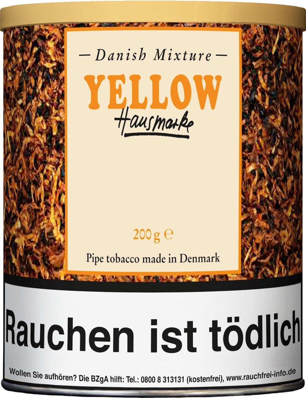 Danish Mixture Yellow Hausmarke Pfeifentabak – 200g Dose, milde Mischung mit Mangoaroma, klassische Vorratsdose abgebildet