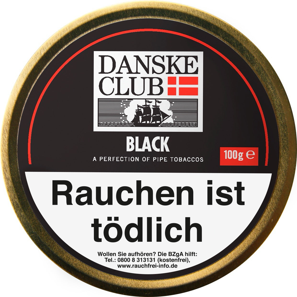 Danske Club Black Pfeifentabak – 100g Dose, Vanillearoma, Black Cavendish, Burley & Virginia, klassische Vorratsdose abgebildet