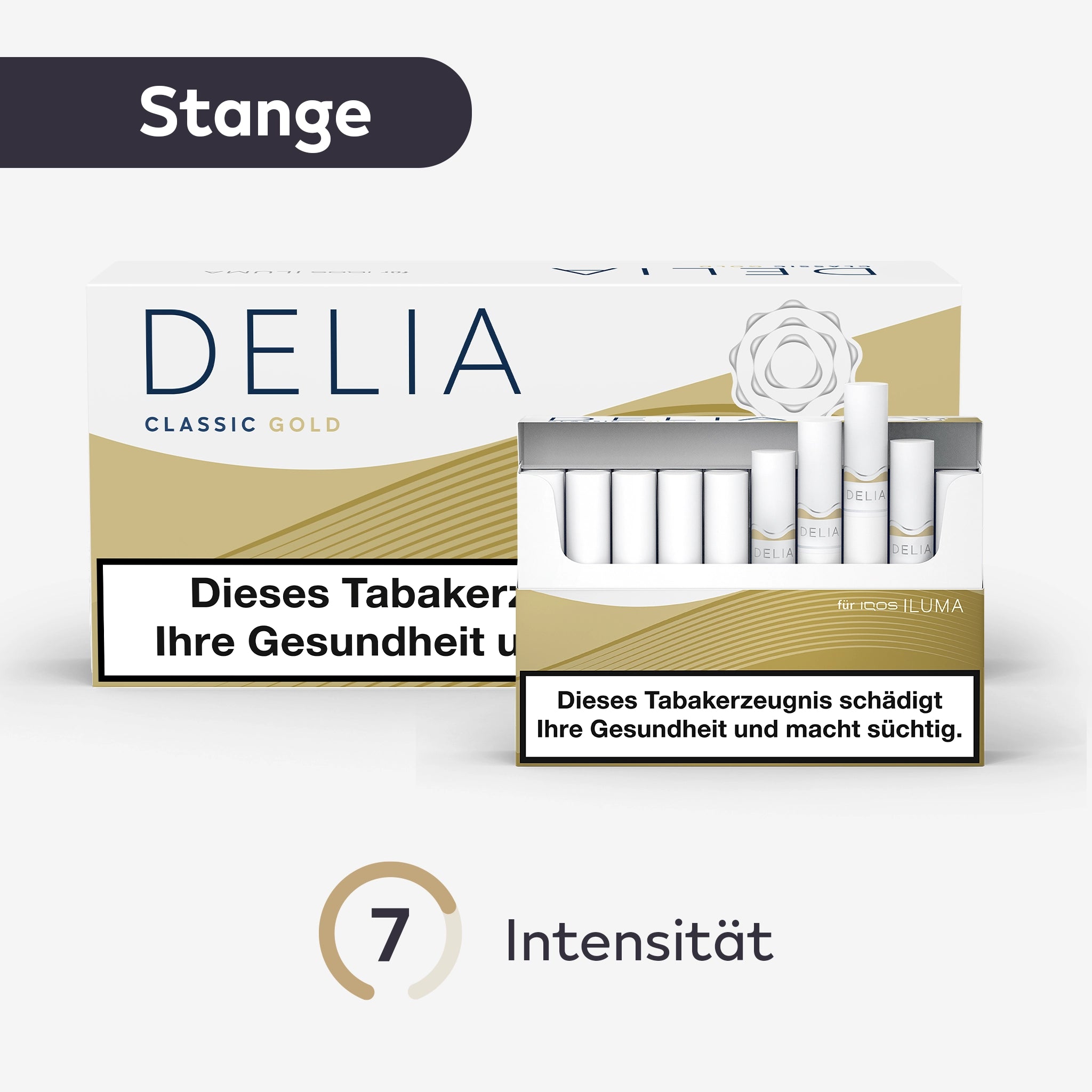 DELIA Gold Tabaksticks – Stange mit geöffneter Schachtel und Intensitätsanzeige vorn