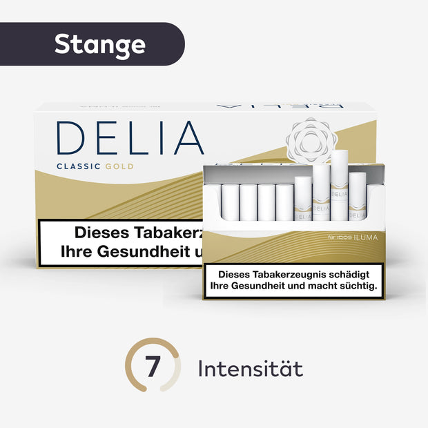 DELIA Gold Tabaksticks – Stange mit geöffneter Schachtel und Intensitätsanzeige vorn