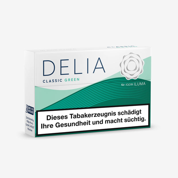 DELIA Green – geschlossene Packung leicht seitlich mit frischem Design in Grün