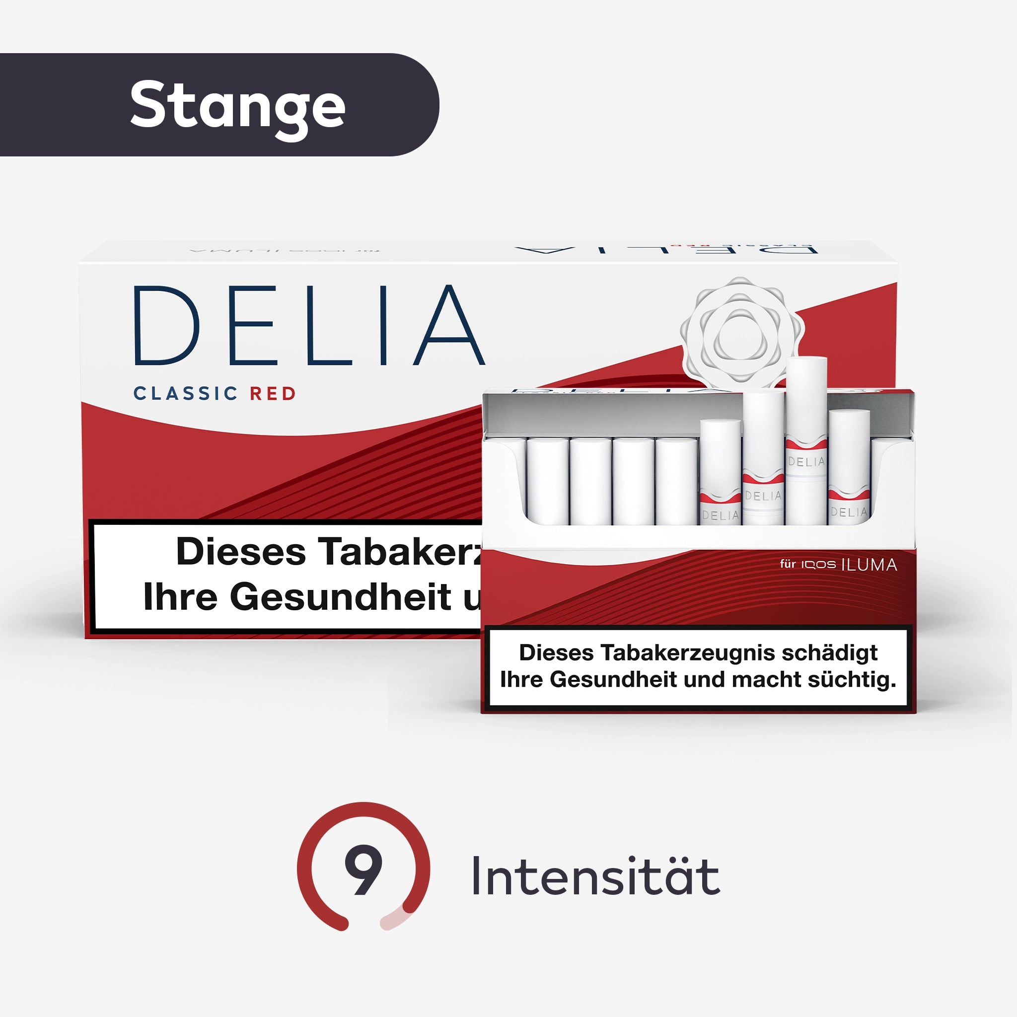 DELIA Red Tabaksticks – Stange mit geöffneter Schachtel und Intensitätsanzeige in Rot