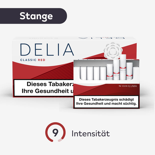 DELIA Red Tabaksticks – Stange mit geöffneter Schachtel und Intensitätsanzeige in Rot