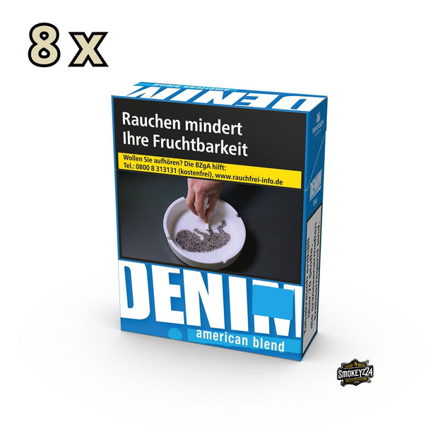 Denim Blue Zigaretten – Stange mit 8 Schachteln à 29 Stück, milde American Blend Filterzigaretten in Blau.