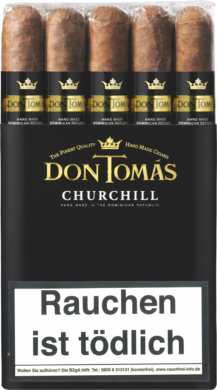 Don Tomas Dominican Churchill Zigarren 10er Bundle – handgerollte Zigarren mit dunklem Ecuador Deckblatt, schwarze-goldene Banderole, Verpackung frontal