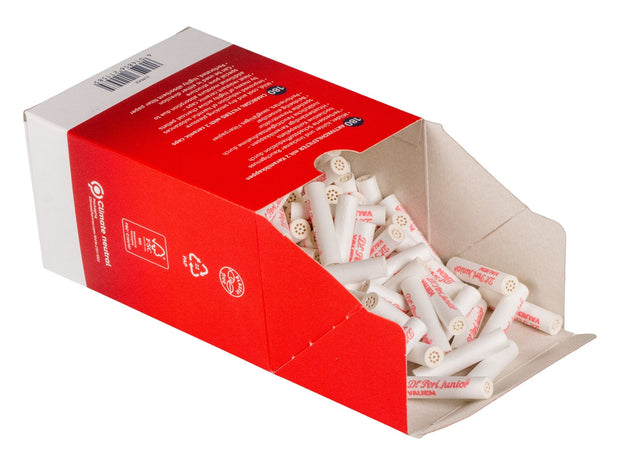 Geöffnete Dr. Perl Junior 9mm Aktivkohlefilter 180er Packung, einzelne Filter sichtbar, extra großer Vorrat