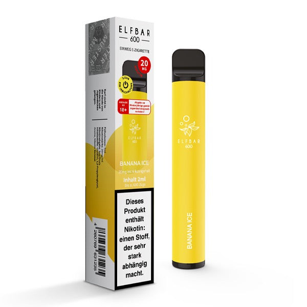 ELFBAR V1 600 Banana Ice 20mg – Einweg Vape mit fruchtigem Bananen- und Ice-Geschmack, Verpackung und Gerät