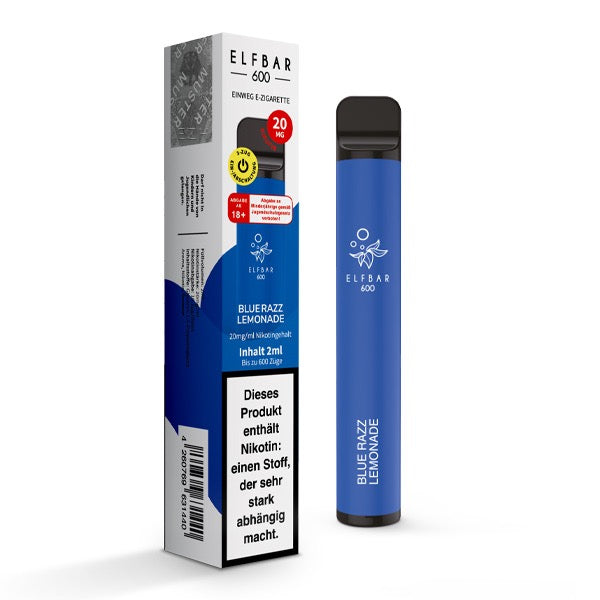 ELFBAR V1 600 Blue Razz Lemonade 20mg – fruchtige Einweg E-Zigarette mit Himbeer- und Zitronengeschmack, Verpackung und Gerät