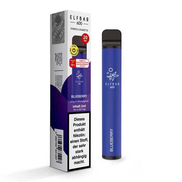 ELFBAR V1 600 Blueberry 20mg – fruchtige Einweg E-Zigarette mit süßem Blaubeer-Geschmack, Verpackung und Gerät