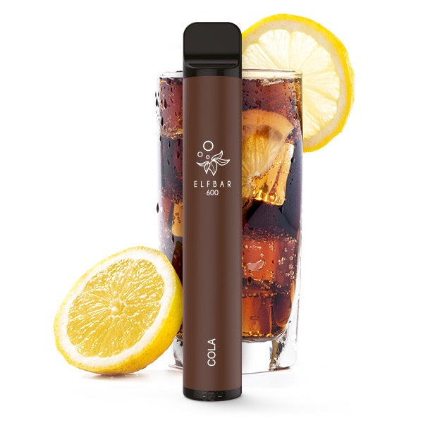 Elfbar V1 600 Cola, spritziges Cola-Aroma für den authentischen Geschmack, dargestellt mit Cola-Glas im Hintergrund.