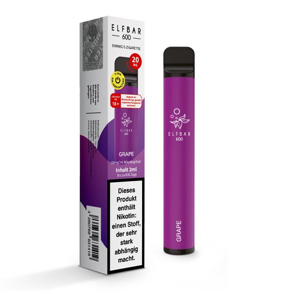 Elfbar V1 600 Grape 20mg – Einweg-Vape mit intensivem Traubengeschmack, abgebildet mit Verpackung.