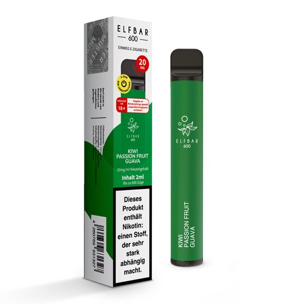 Elfbar V1 600 Kiwi Passionfruit Guava 20mg – tropischer Fruchtmix als Einweg-Vape mit Verpackung.