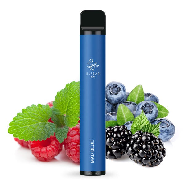 Elfbar V1 600 – intensive Kombination aus Blaubeeren, Himbeeren und schwarzen Johannisbeeren, mit Früchten im Hintergrund.