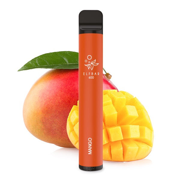 Elfbar V1 600 – intensiver Mango-Geschmack, mit frischer Mango im Hintergrund.