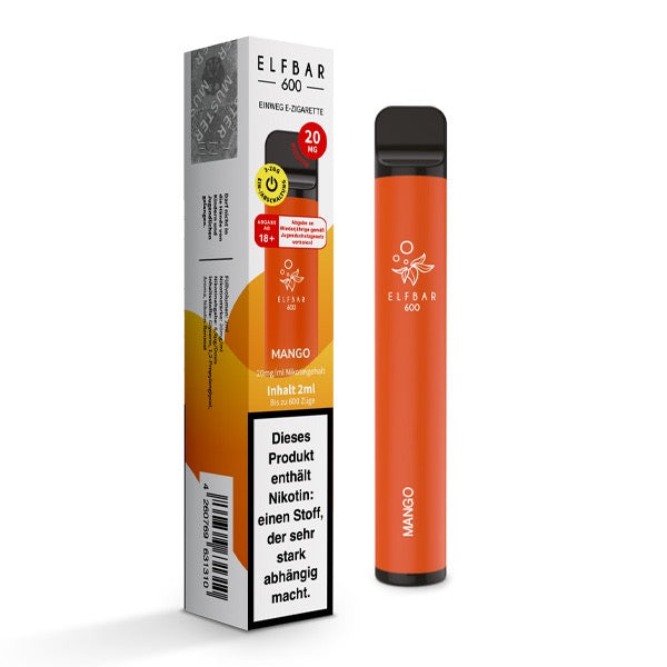 Elfbar V1 600 Mango 20mg – tropische Einweg-Vape mit Mango-Geschmack und Verpackung.