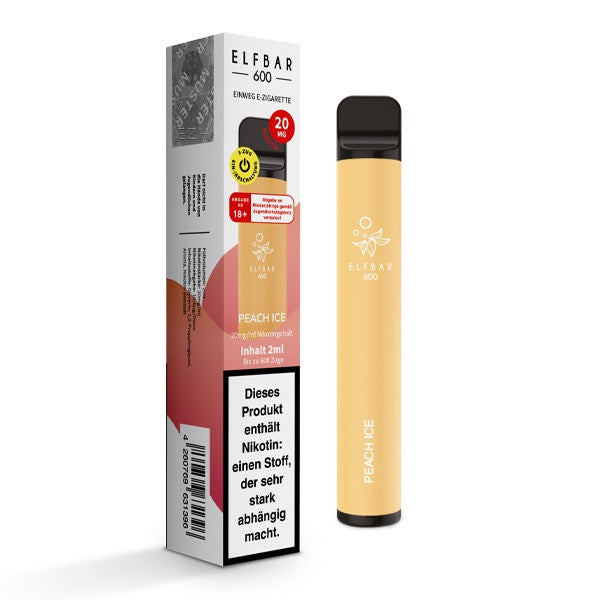 Elfbar V1 600 Peach Ice 20mg – Einweg-Vape mit süßem Pfirsichgeschmack und Verpackung.