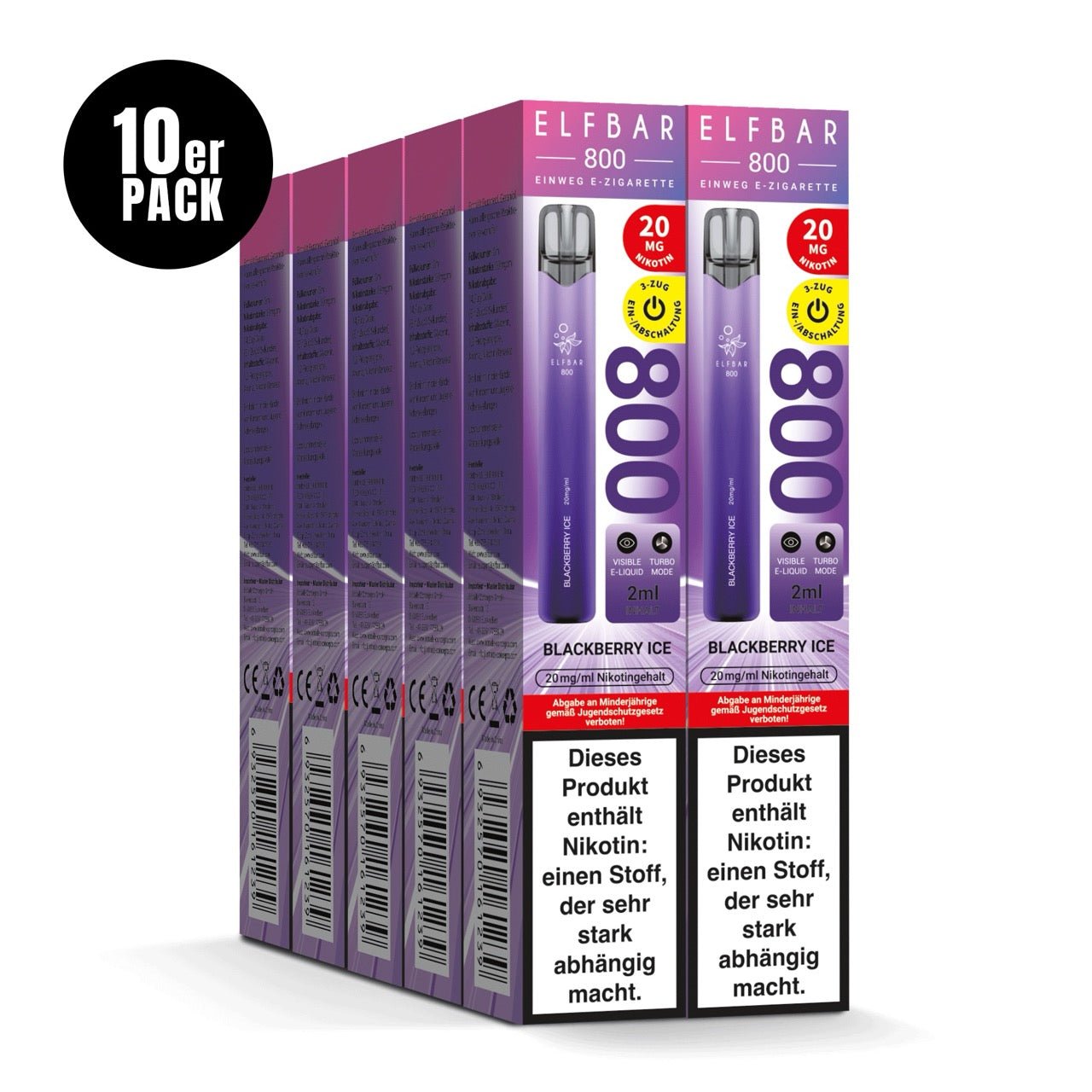 Elfbar 800 Blackberry Ice 20mg 10er Sparpaket, zehn Einweg E-Zigaretten Verpackungen, Brombeere Ice, Smokeyz24.de