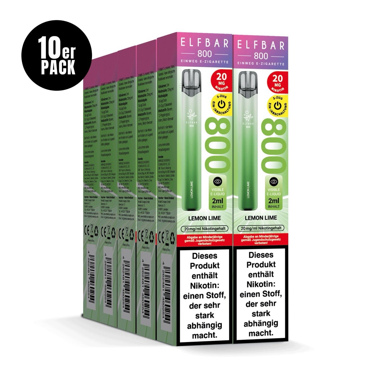 Elfbar 800 Lemon Lime 20mg 10er Sparpaket, zehn Einweg E-Zigaretten Verpackungen, Zitrone Limette, Smokeyz24.de