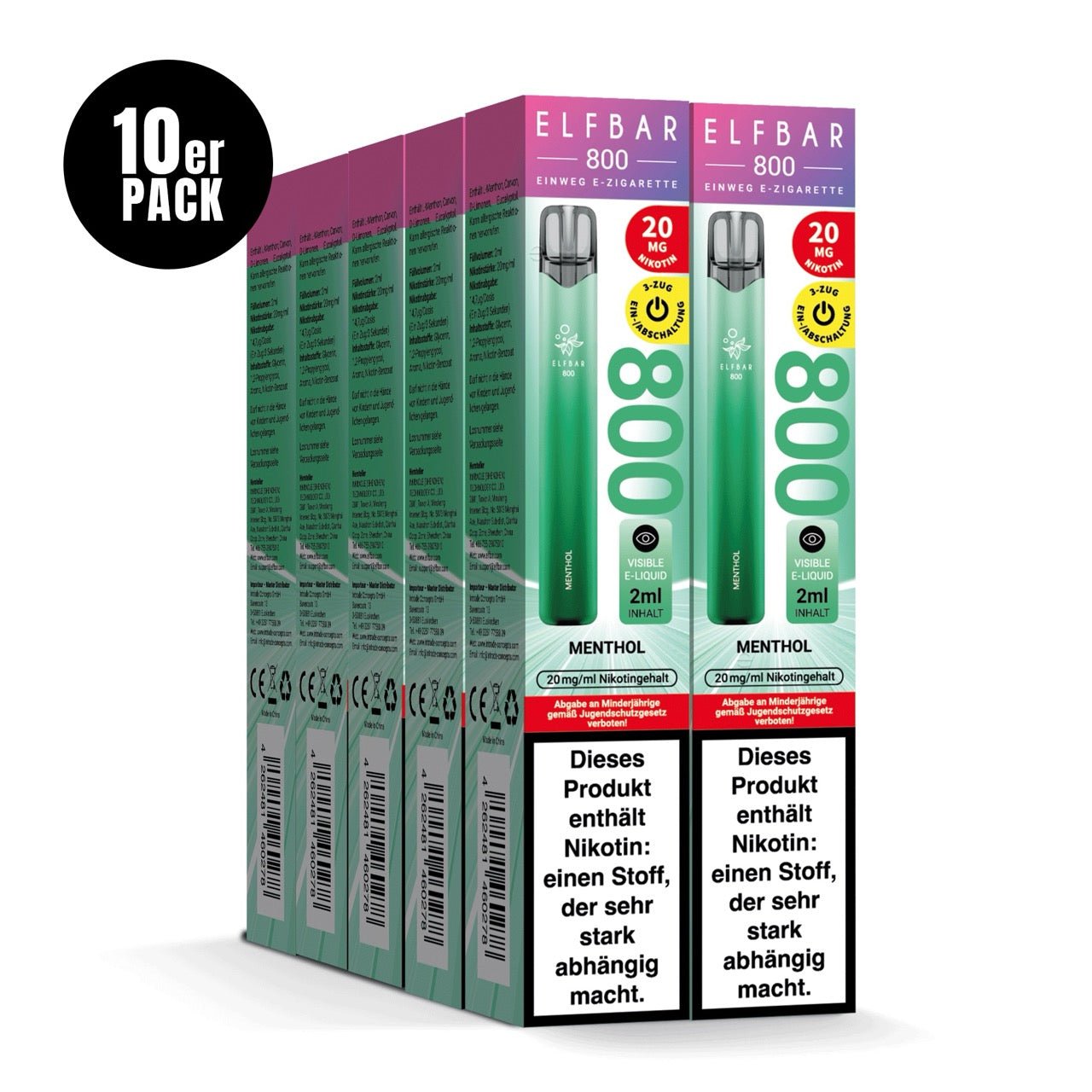 Elfbar 800 Menthol 20mg 10er Sparpaket, zehn Einweg E-Zigaretten Verpackungen, Menthol, Smokeyz24.de