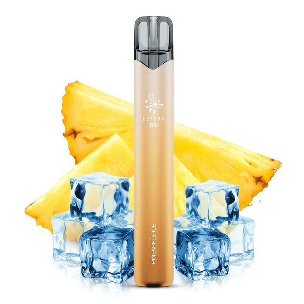 Elfbar 800 Pineapple Ice 20mg vor Ananas-Eis-Hintergrund, tropisch-frische Einweg E-Zigarette, Smokeyz24.de