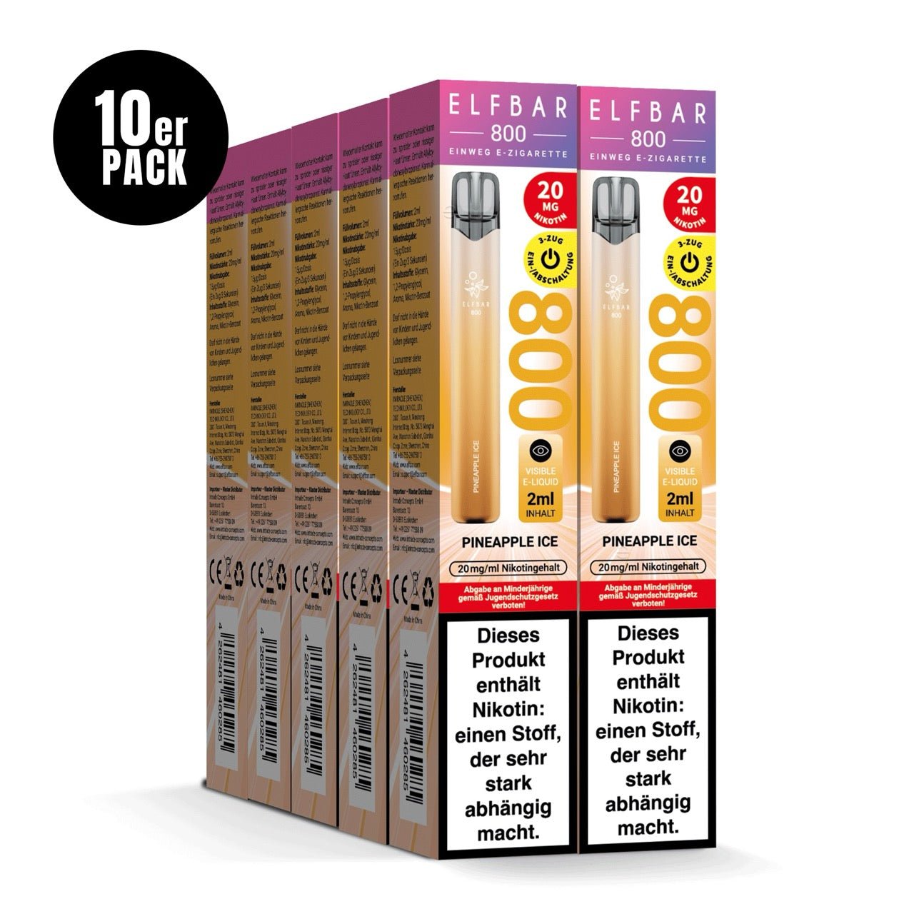 Elfbar 800 Pineapple Ice 20mg 10er Sparpaket, zehn Einweg E-Zigaretten Verpackungen, Ananas Ice, Smokeyz24.de
